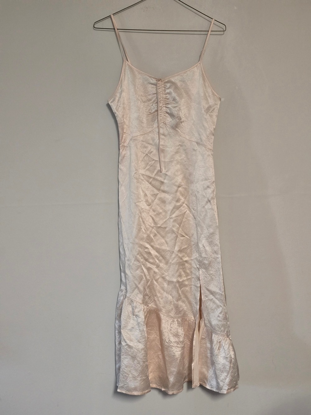 Women’s Satin Blush Pink Midi Slip Dress with Ruching